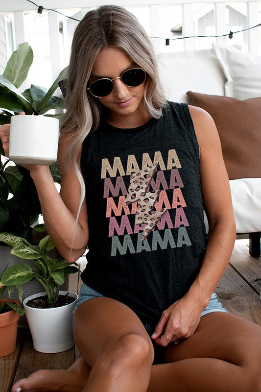 Mother's Day Mama Leopard Bolt Stack Muscle Tank