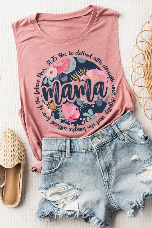 Mother's Day Mama Blue Floral Circle Tank Top